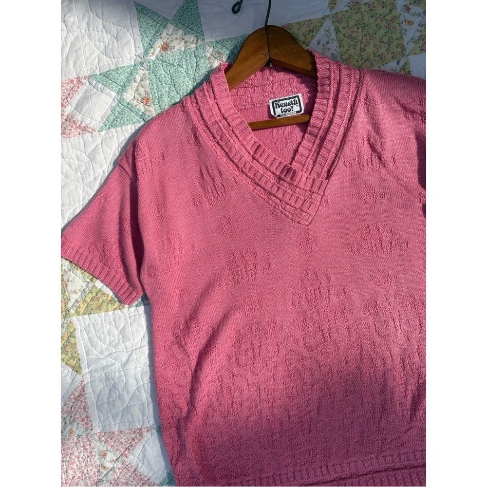 Vintage Pink Floral V-Neck Short Sleeve Sweater Medium 70s 80s Cottagecore Knit